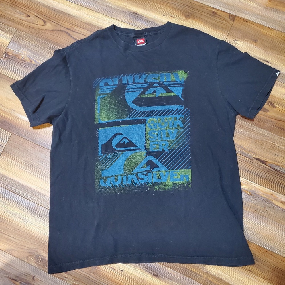Vtg Quiksilver Mens Graphic T-Shirt Black Logo Surf Skate Y2K Size Large